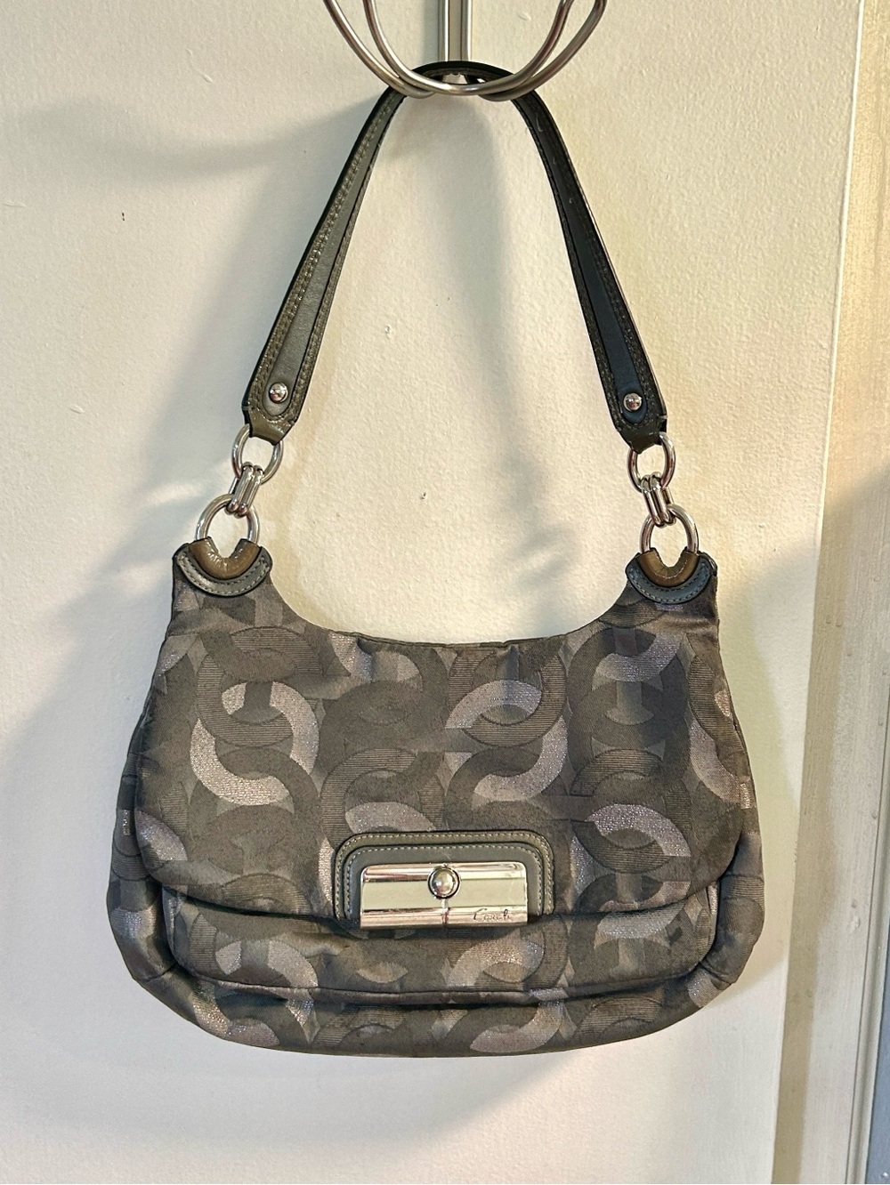 Coach Kristin Gunmetal Signature Hobo Shoulder Bag Silver Accents No F1168-18281